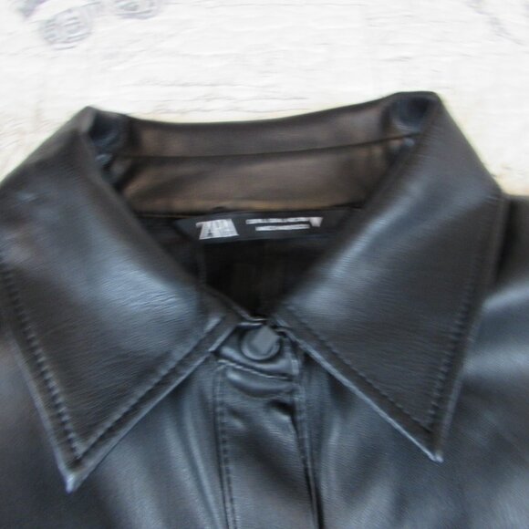 NEW Zara WOMANS MIDI FAUX VEGAN LEATHER SHIRT DRESS SHIRRED SIDES BLACK Size: L - Picture 7 of 12
